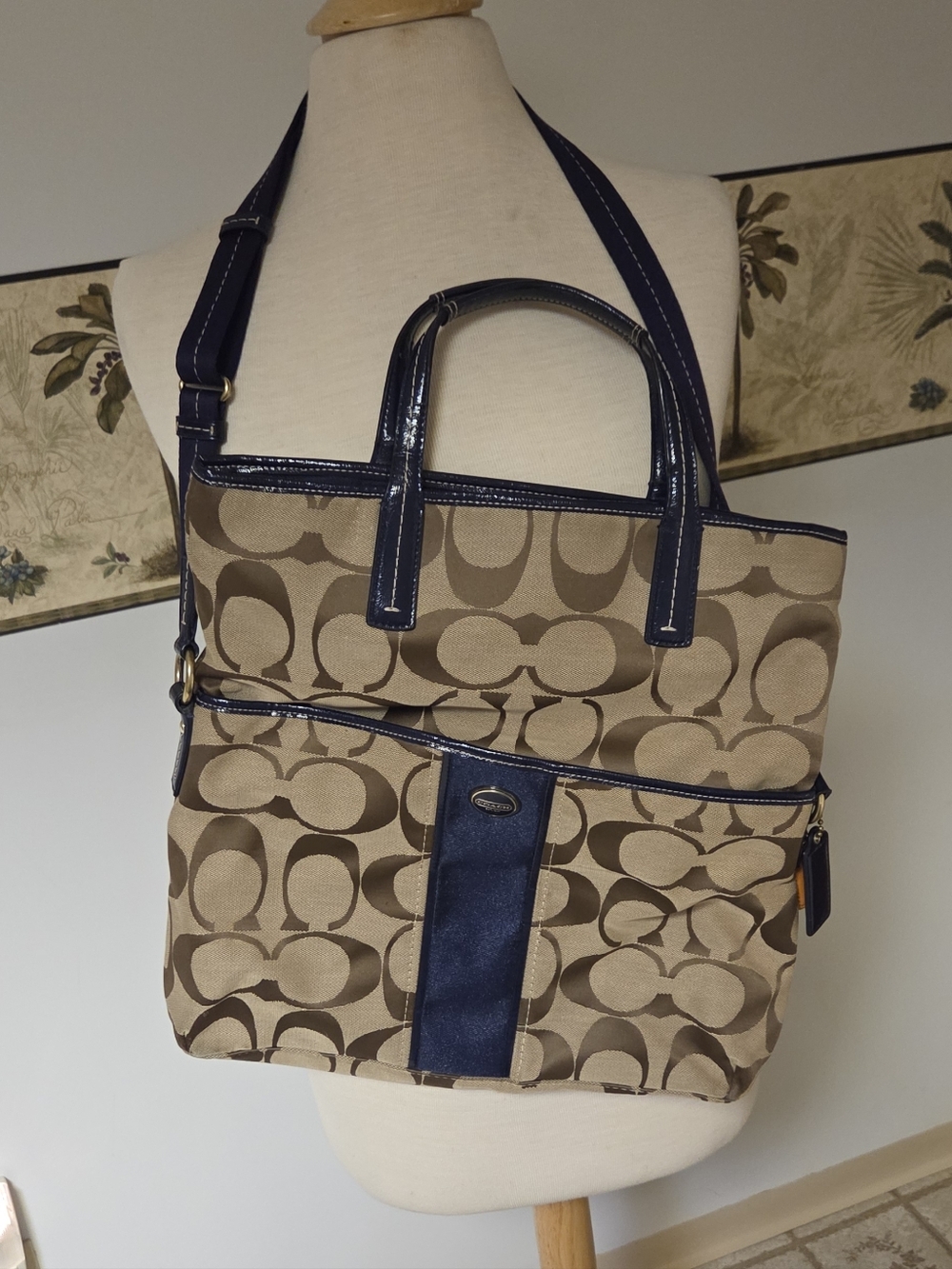 Coach Signature Stripe Fold Over Canvas Tote in Khaki and Navy